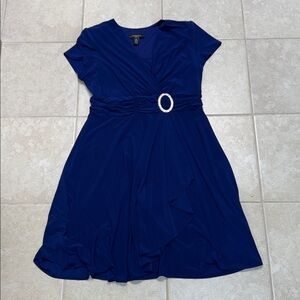 R & M Richards 14 Petite Royal Blue Midi Dress with Rhinestone Buckle